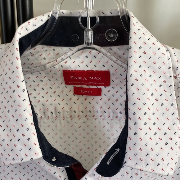 ZARA MAN white print cotton dress casual shirt button/front red blue M - Picture 2 of 3